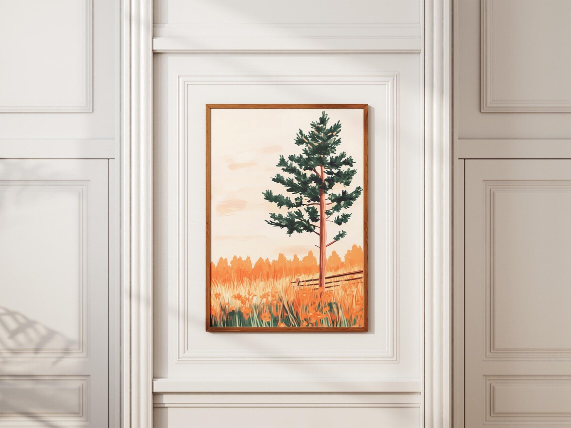 Lone Pine Tree In Orange Wildflower Field At Golden Hour Poster - Image 2