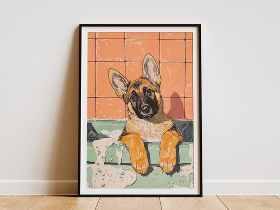 German Shepherd Puppy Poster Print Baby Dog Art Bathroom Decor Foamy Bathtub Wall Cute Animal Illustration Pet Lover
