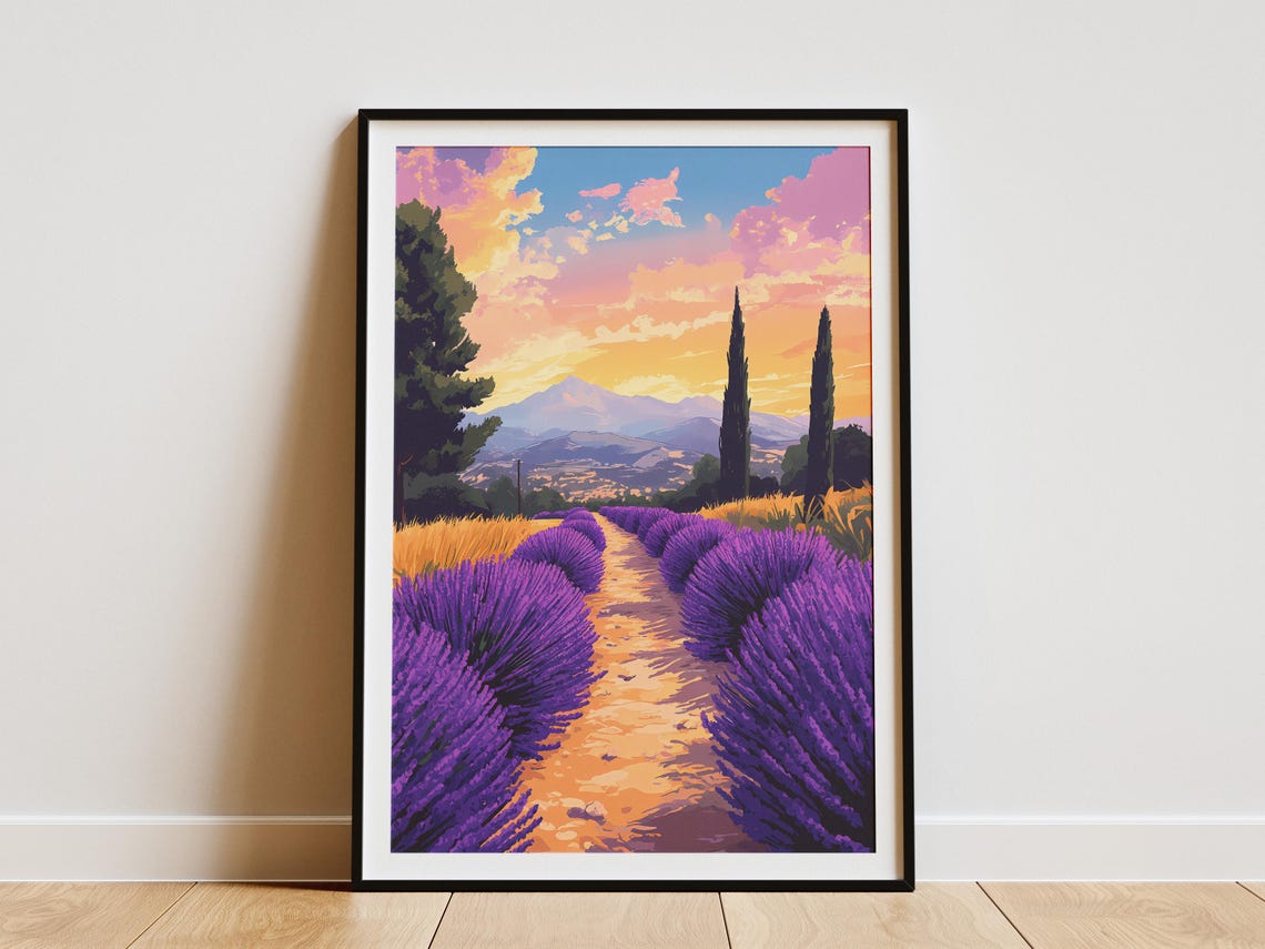 Lavender Rows Sunset Valley Pink Sky Romantic Landscape Poster