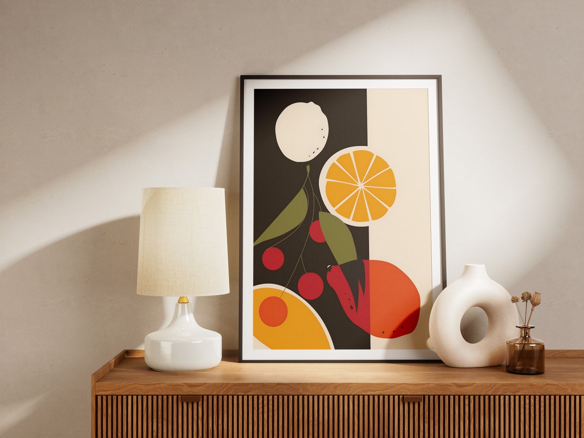 Minimalist Fruit Poster Abstract Art Print Mid Century Modern Wall Decor Kitchen Decor Orange Lemon Cherry Art - Image 2