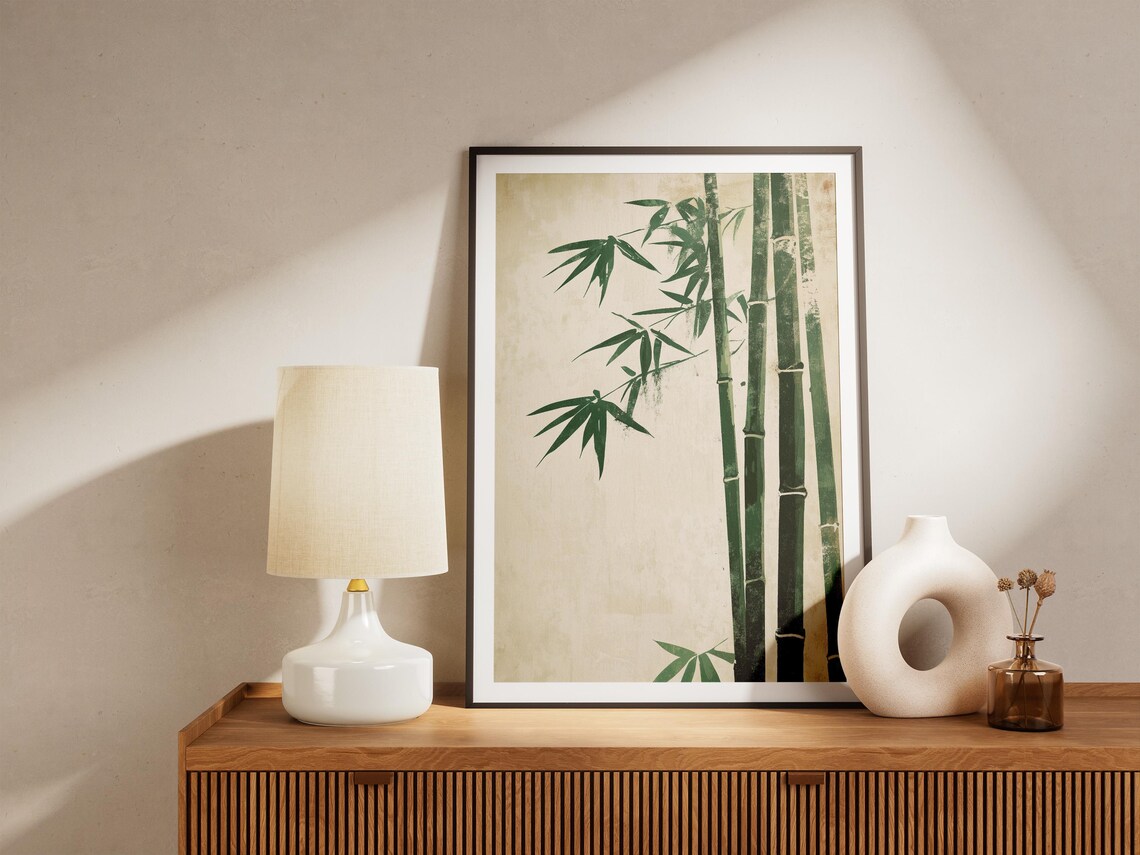 Green Bamboo Stalks Beige Minimalist Oriental Nature Art Poster - Image 4