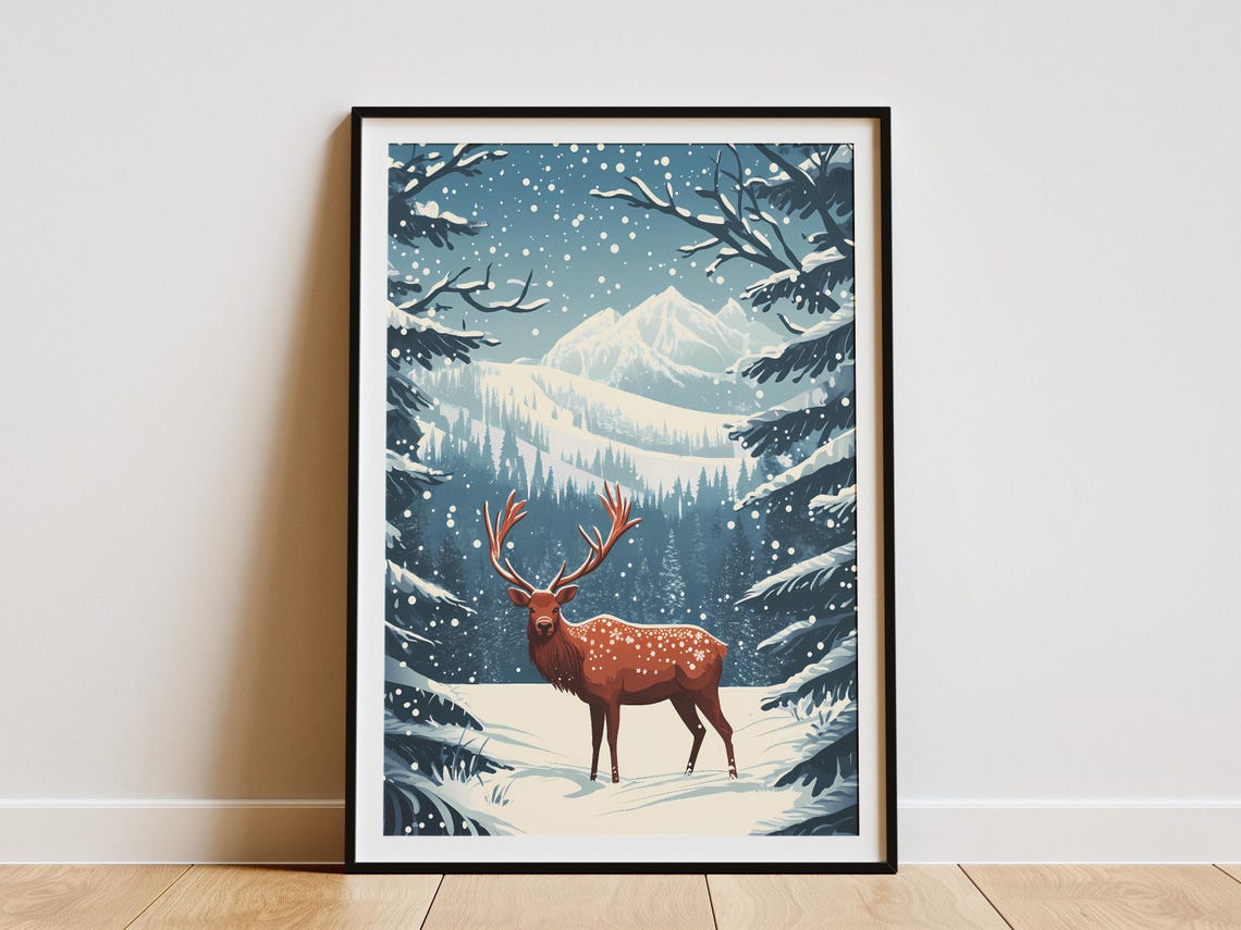 Spotted Stag With Antlers in a Snowy Blue Forest Winter Poster