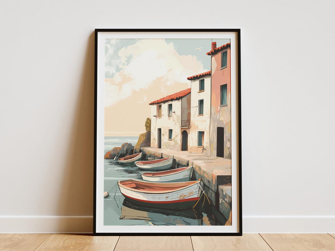 Coastal Village Boats Poster Mediterranean Harbor Print Italian Seaside Art European Travel Illustration Fishing Wall Decor