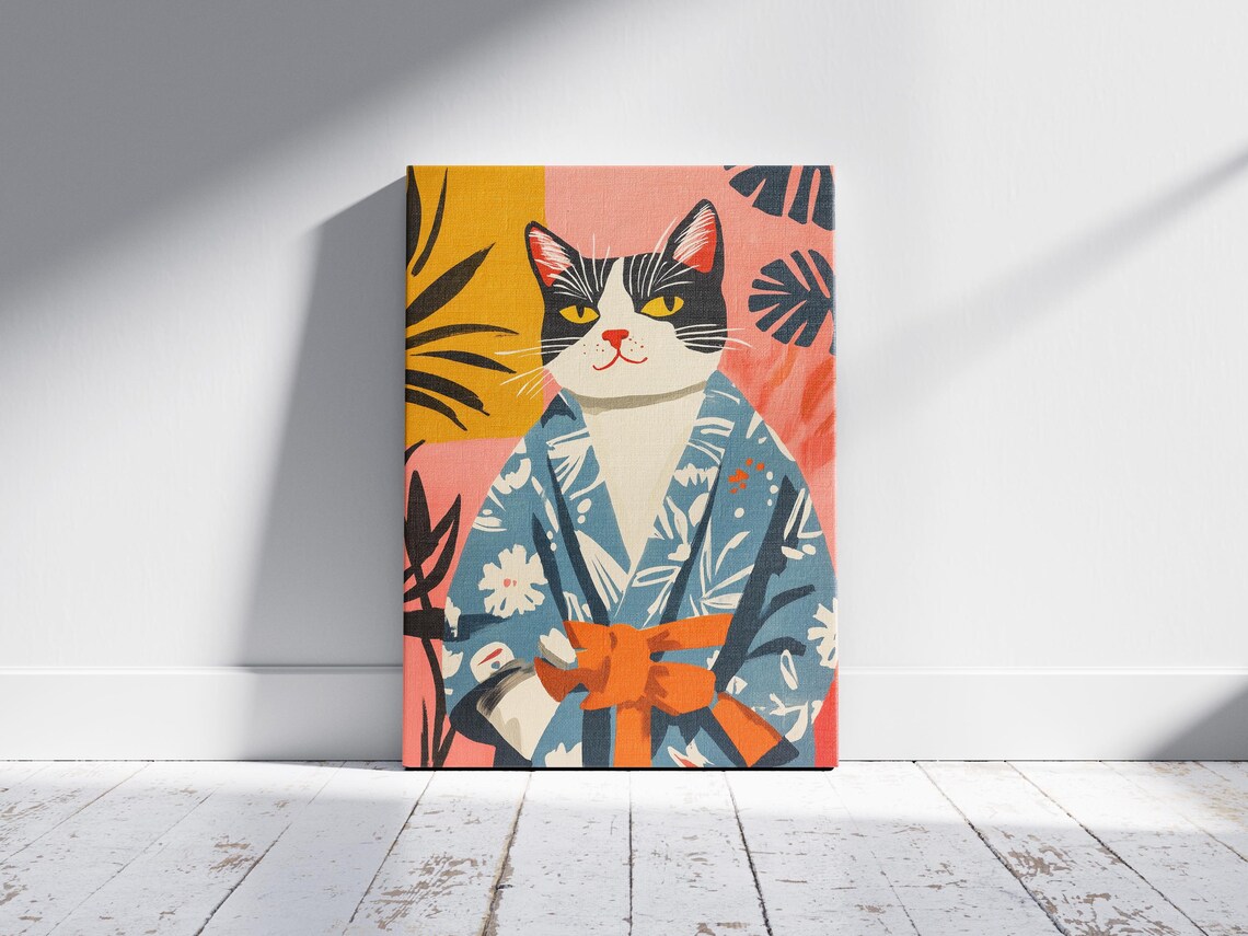 Tuxedo Cat in a Kimono Style Robe Tropical Animal Art Poster - Image 2