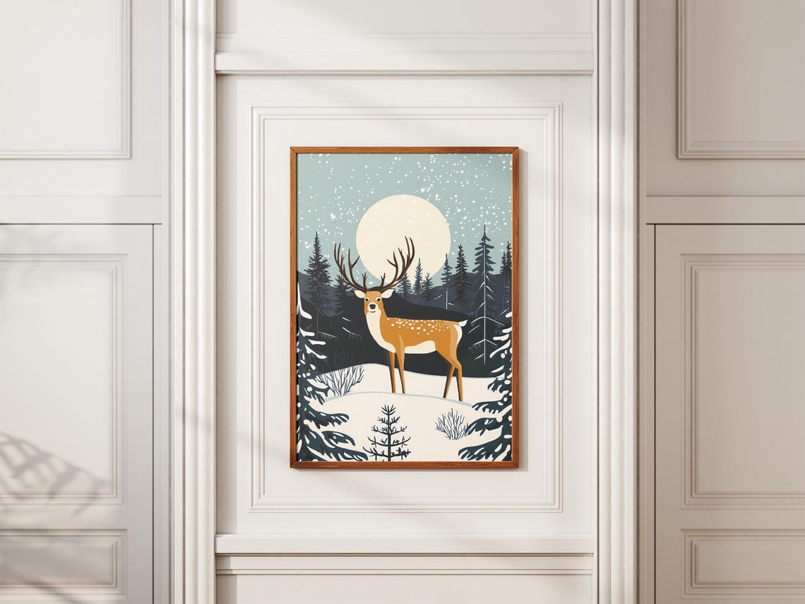 Lapland Winter Forest Deer under a Large Pale Moonlight Art Poster - Image 2