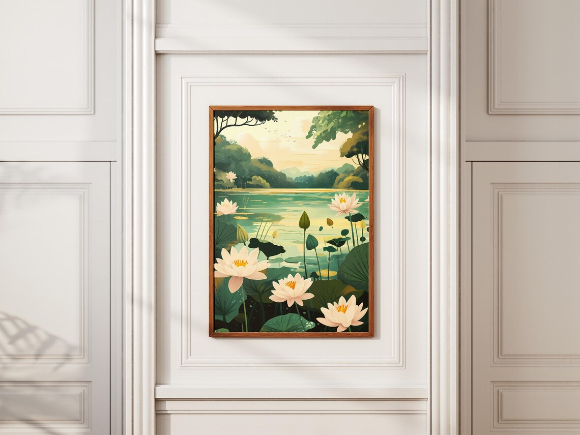 White Water Lilies Peaceful Lake Botanical Illustration Poster - Image 2