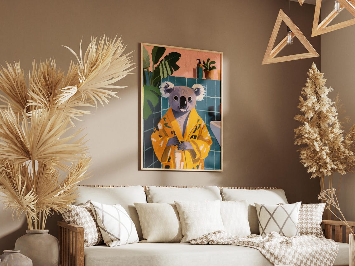 Cute Koala in Yellow Bathrobe Colorful Bathroom Humor Art Poster - Image 3