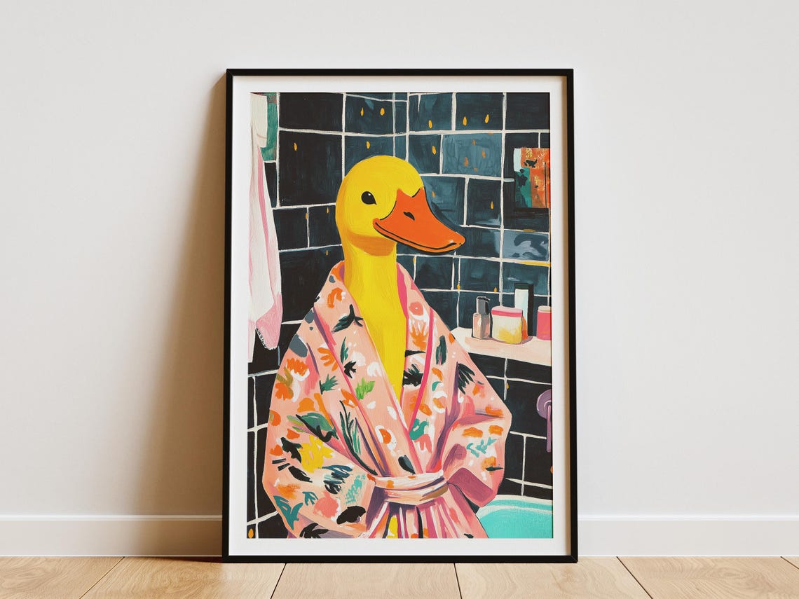 Yellow Duck in Floral Bathrobe Black Tile Bathroom Funny Poster