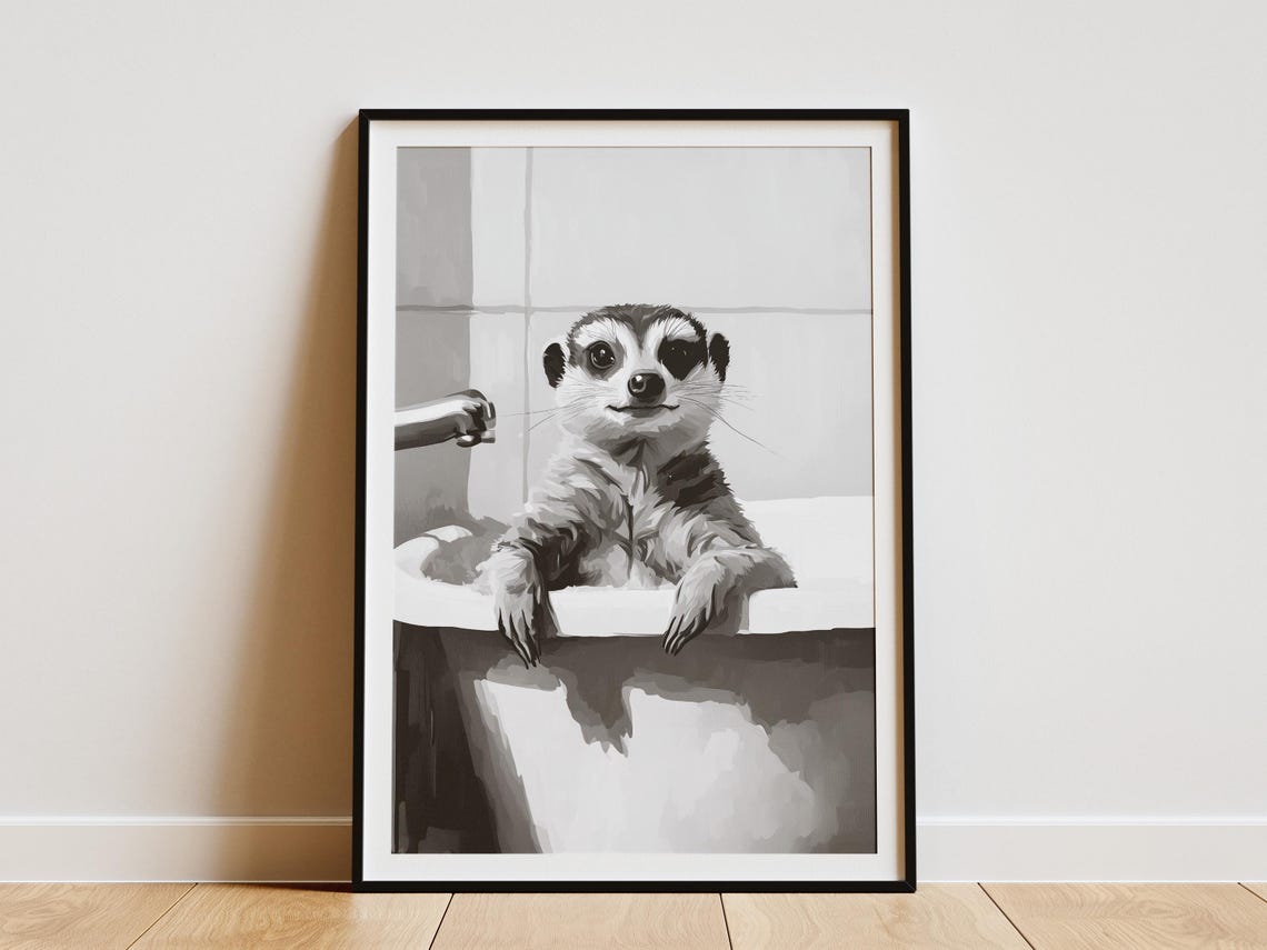 Meerkat Bathtime Poster Animal Print Minimalist Bathroom Wall Art Cute In Tub Bubble Bath Funny Home Decor