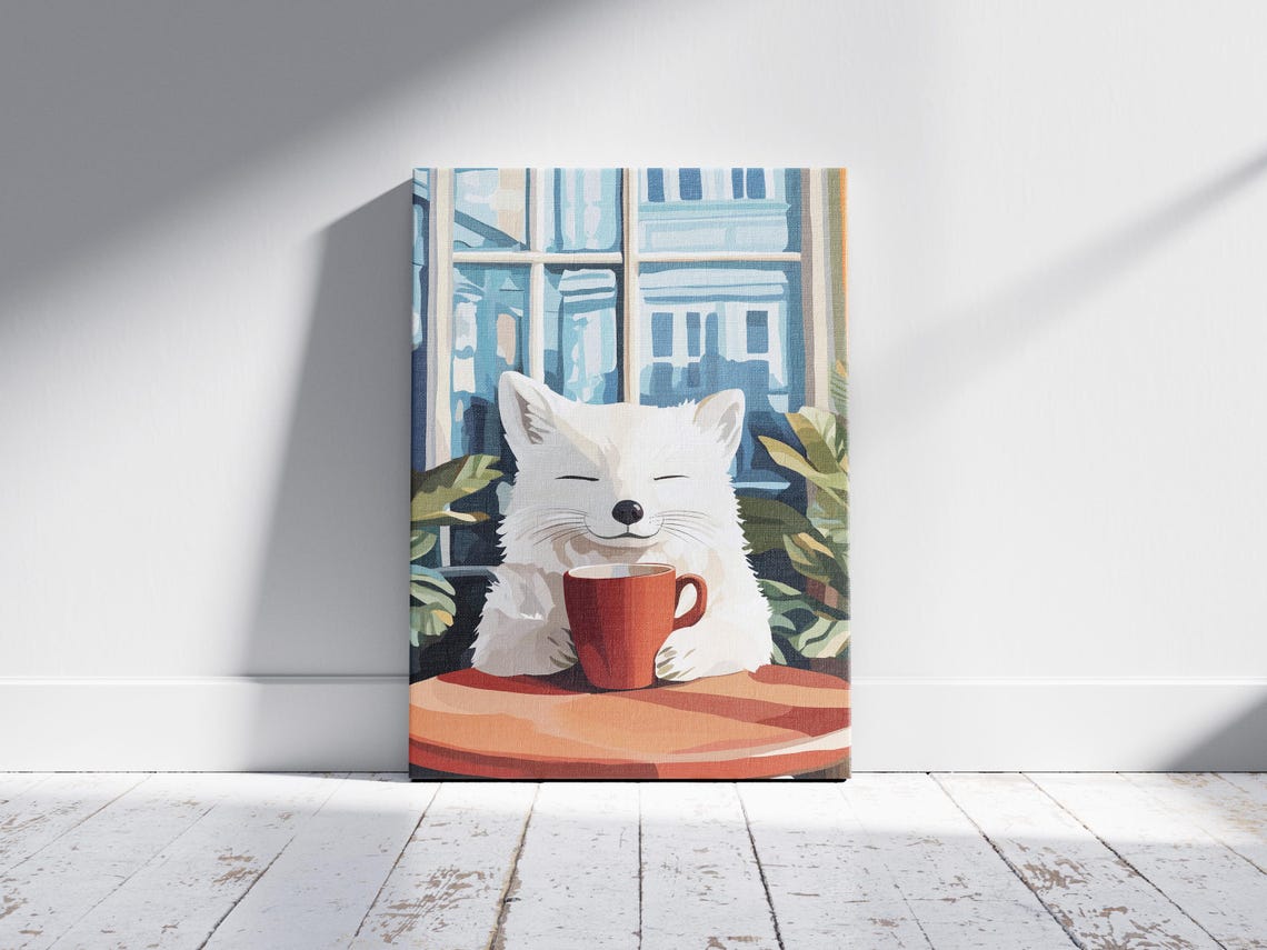 Content White Arctic Fox Holding a Red Mug by a Cafe Window Poster - Image 2