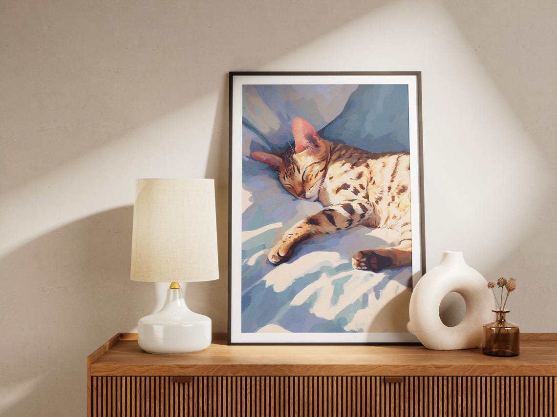 Savannah Kitten Sleeping in Sunlight on Blue Sheets Cat Art Poster - Image 4