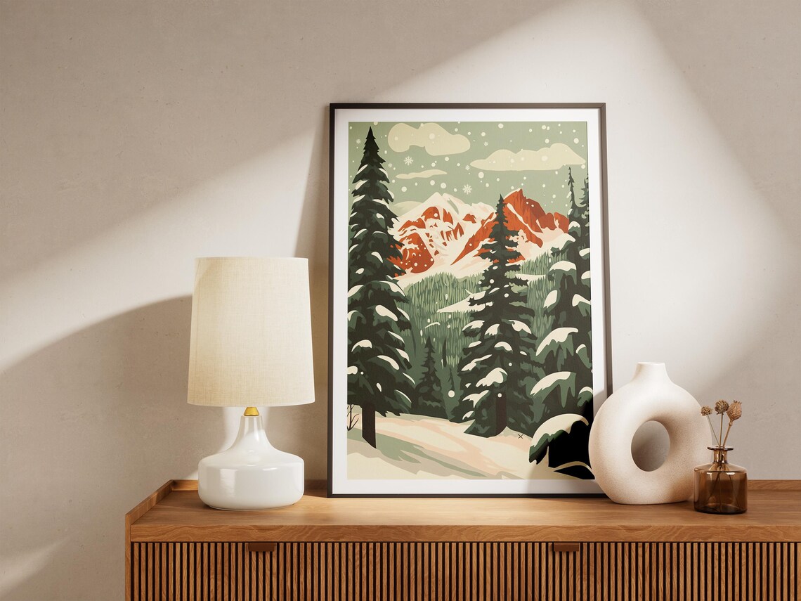 Snowy Pine Forest Framing Red Sunset Peaks Winter Holiday Poster - Image 5