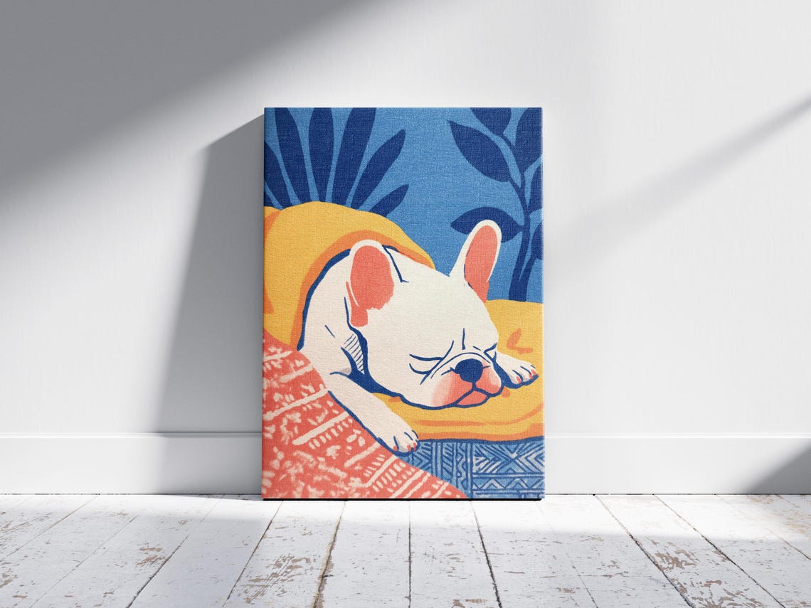 French Bulldog Sleeping on Yellow Cushion Cute Blue Decor Poster - Image 2