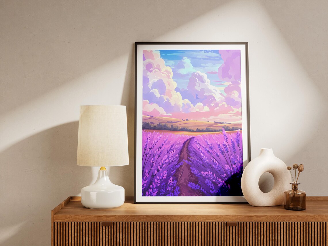 Lavender Path Billowing Pink Sunset Clouds Dreamy Landscape Poster - Image 5