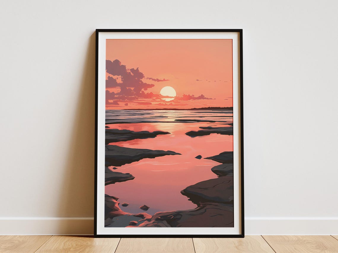 Coral Sunset Sun Sinking Low Over Rocky Ocean Tide Pools Poster