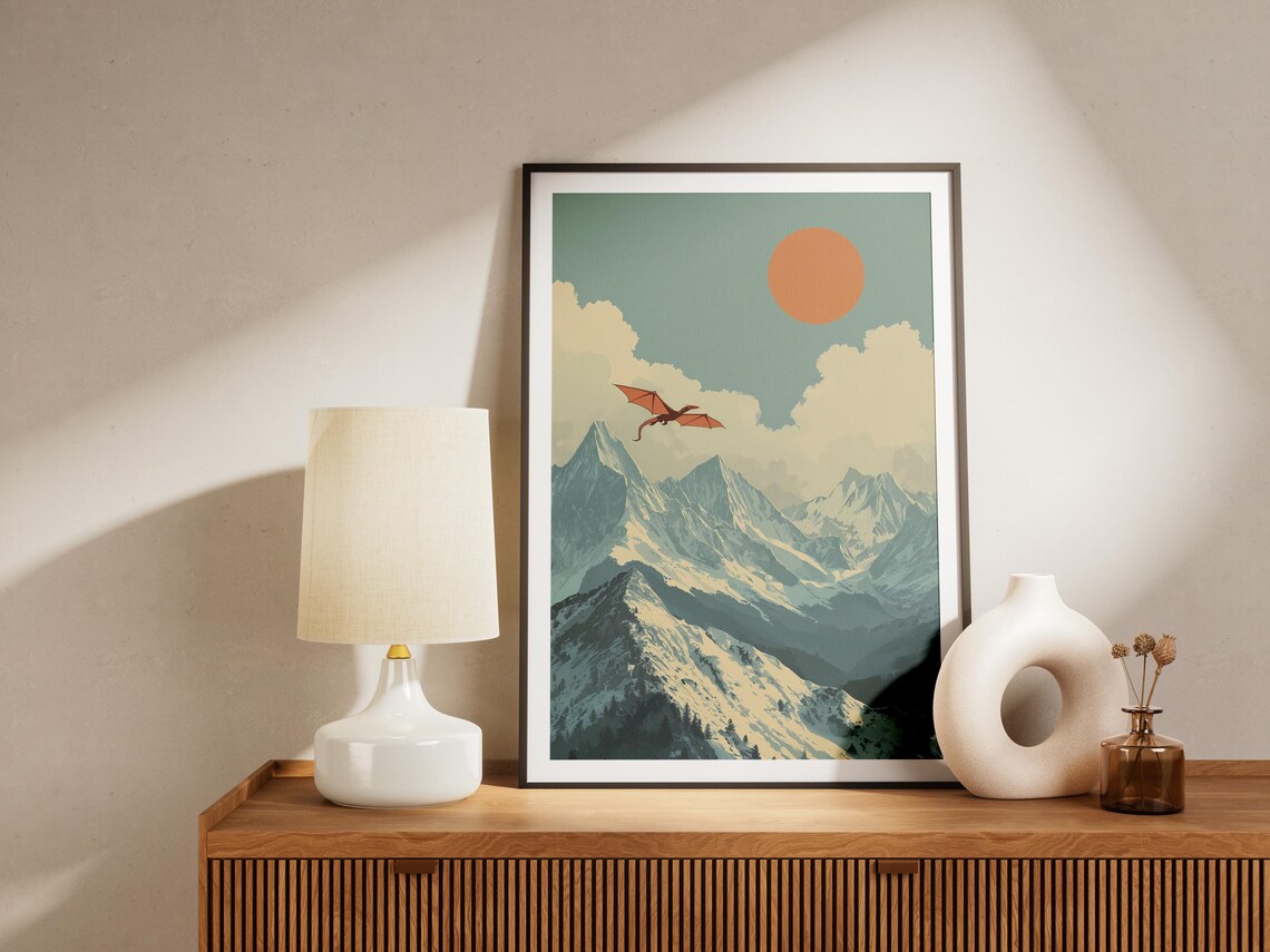 Dragon Flying Over Snowy Mountains Vintage Fantasy Travel Poster - Image 4