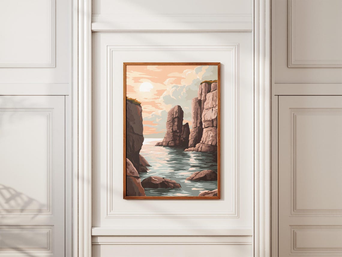 Rose-Colored Cliffs Around a Quiet Sunset Cove Seascape Poster - Image 2