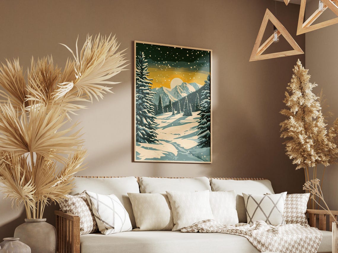 Golden Sun Over a Snowy Pine Valley with Light Falling Snow Poster - Image 3
