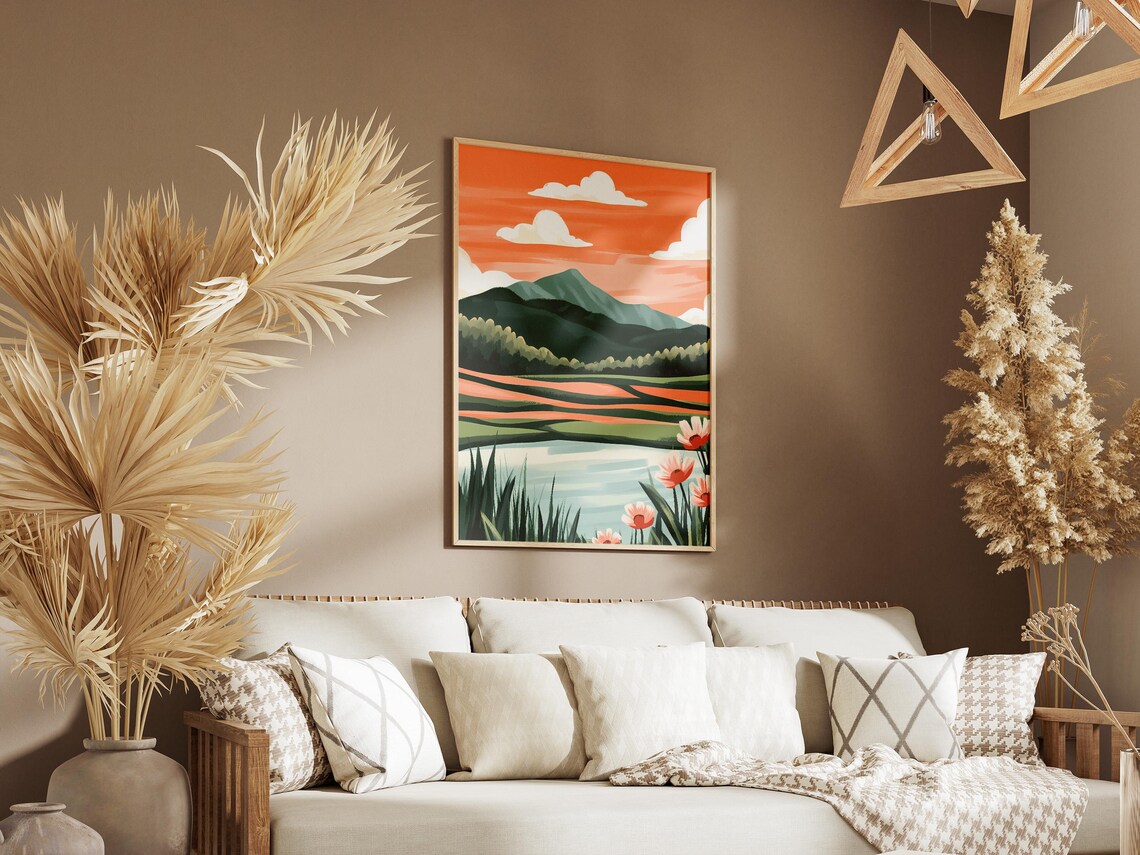Orange Sunset Field With Green Mountains And Wildflowers Poster - Image 3