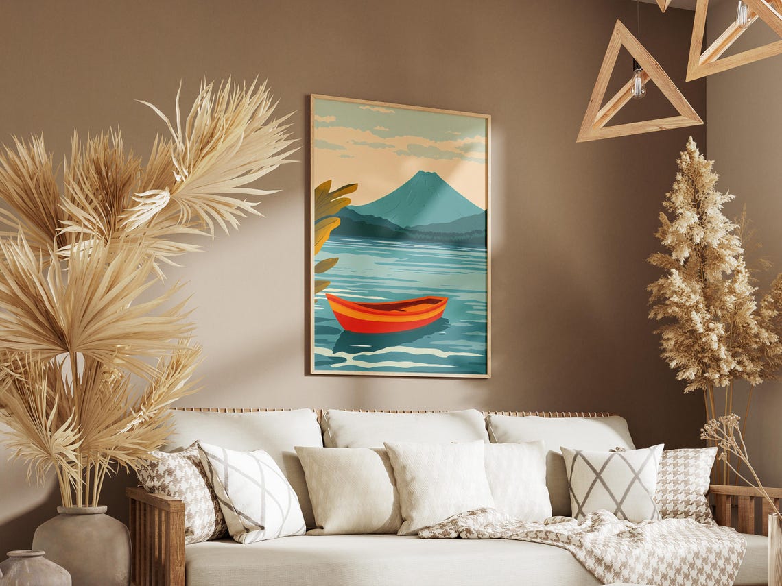 Lake Atitlan Orange Canoe Volcano Lake Retro Style Travel Poster - Image 3