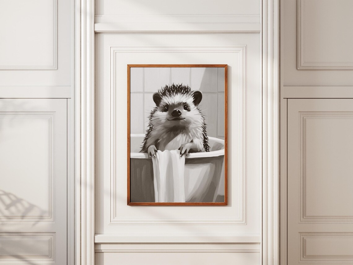 Hedgehog in Bathtub with Towel Black and White Cute Bathroom Decor Poster - Image 2