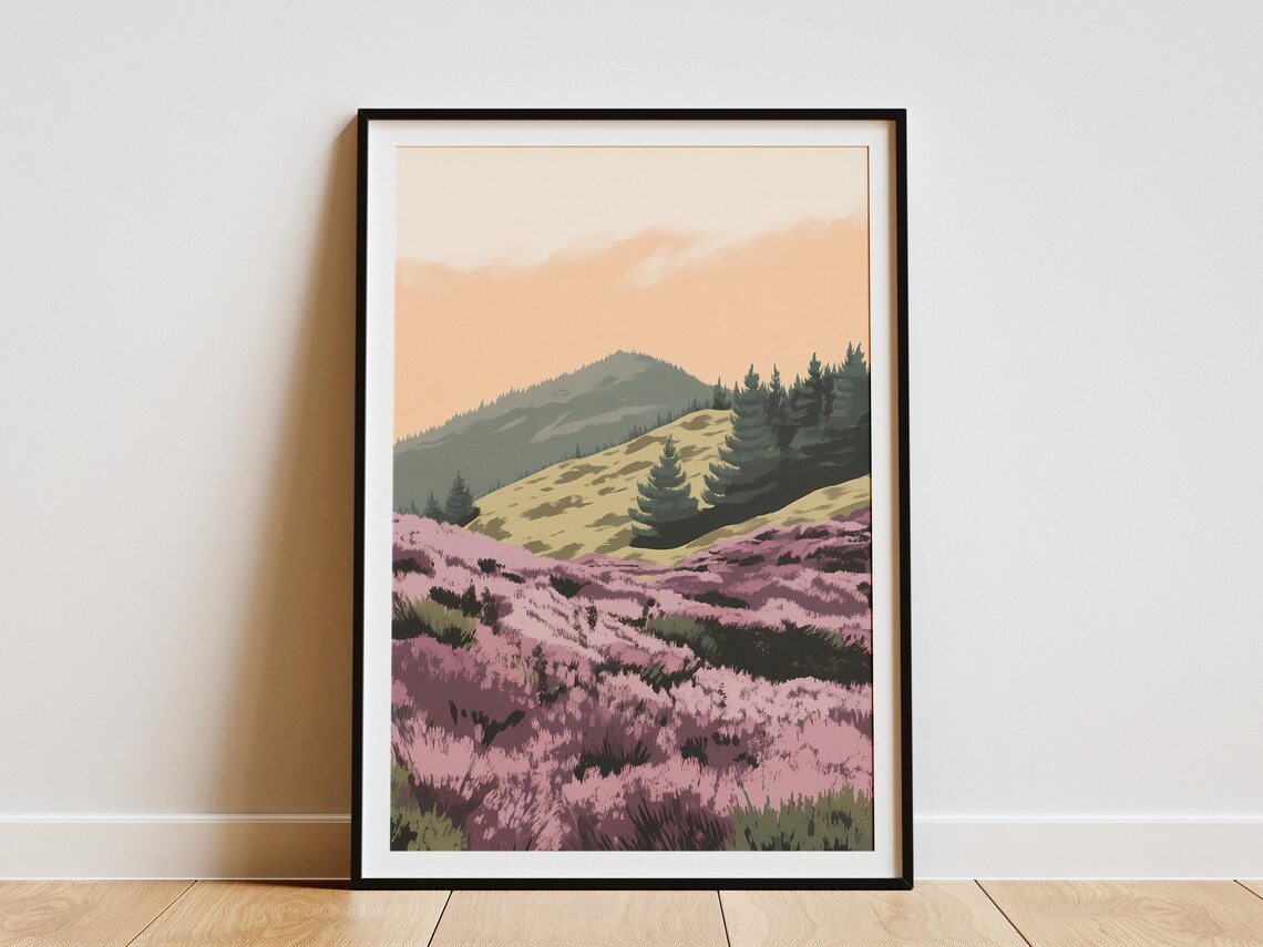 Heather Hill Sunset Landscape Art Print, Boho Botanical