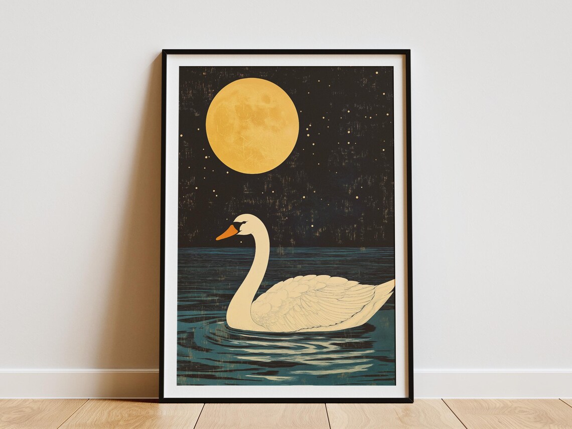 White Swan Swimming Under Golden Full Moon Starry Night Poster