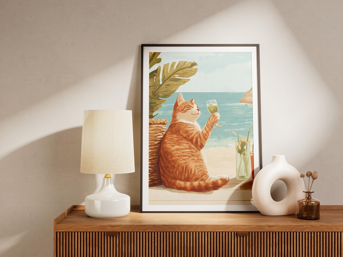 Orange Tabby Cat Sipping White Wine at a Sunny Beach Vacation Poster - Image 5