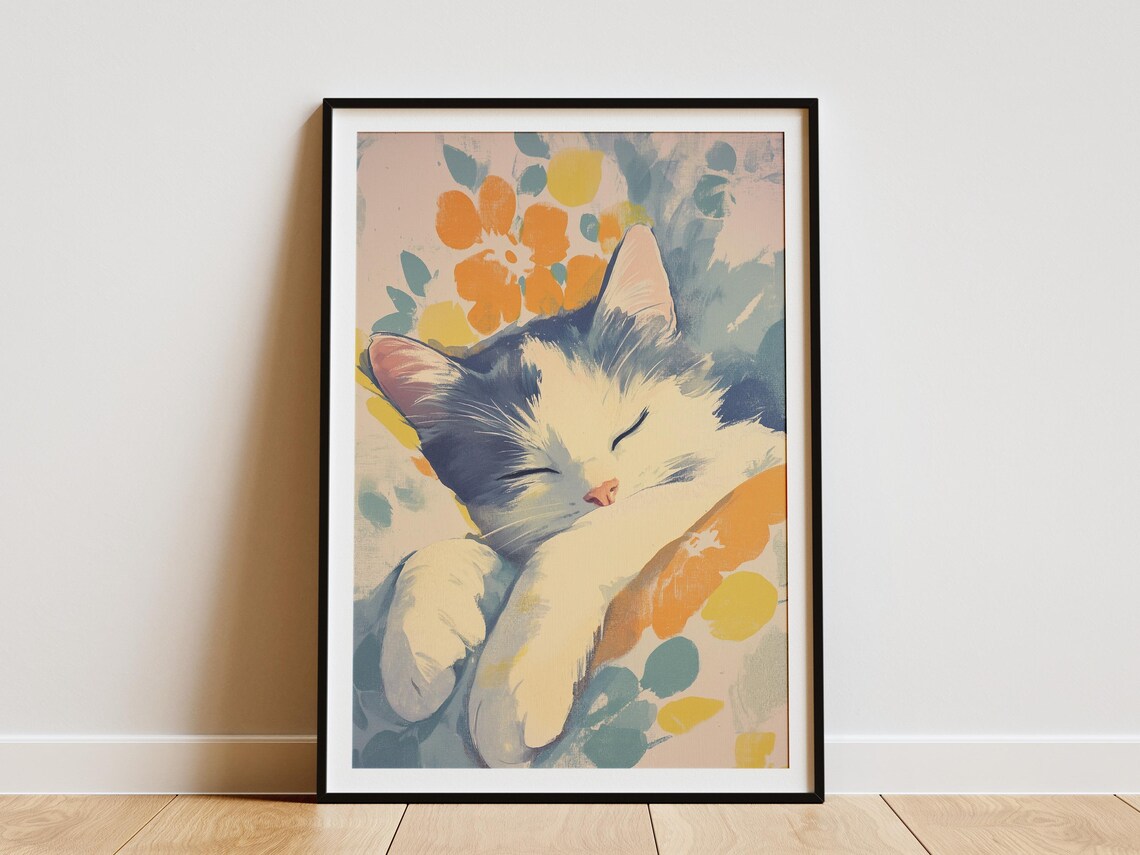 Sleeping Grey Cat Resting in a Colorful Floral Bed Matisse Inspired Poster
