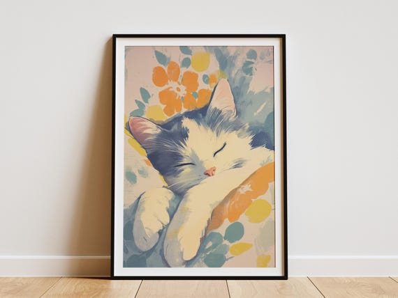 Norwegian Forest Cat Sleeping In Bed Matisse Style Art Print Cozy Feline Wall Decor Abstract Lover Gift Bedroom Animal Artwork