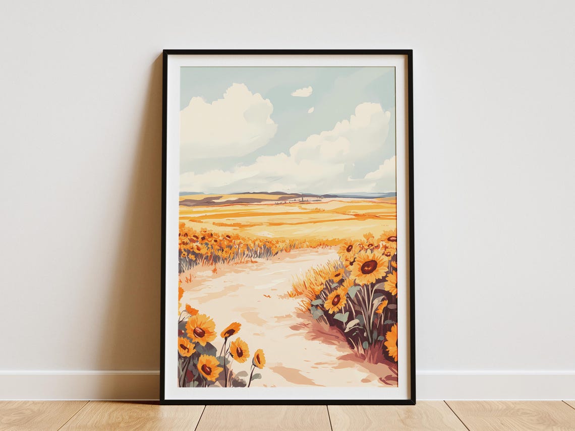 Sunflower Path Crossing Open Golden Field Under Cloudy Sky Poster