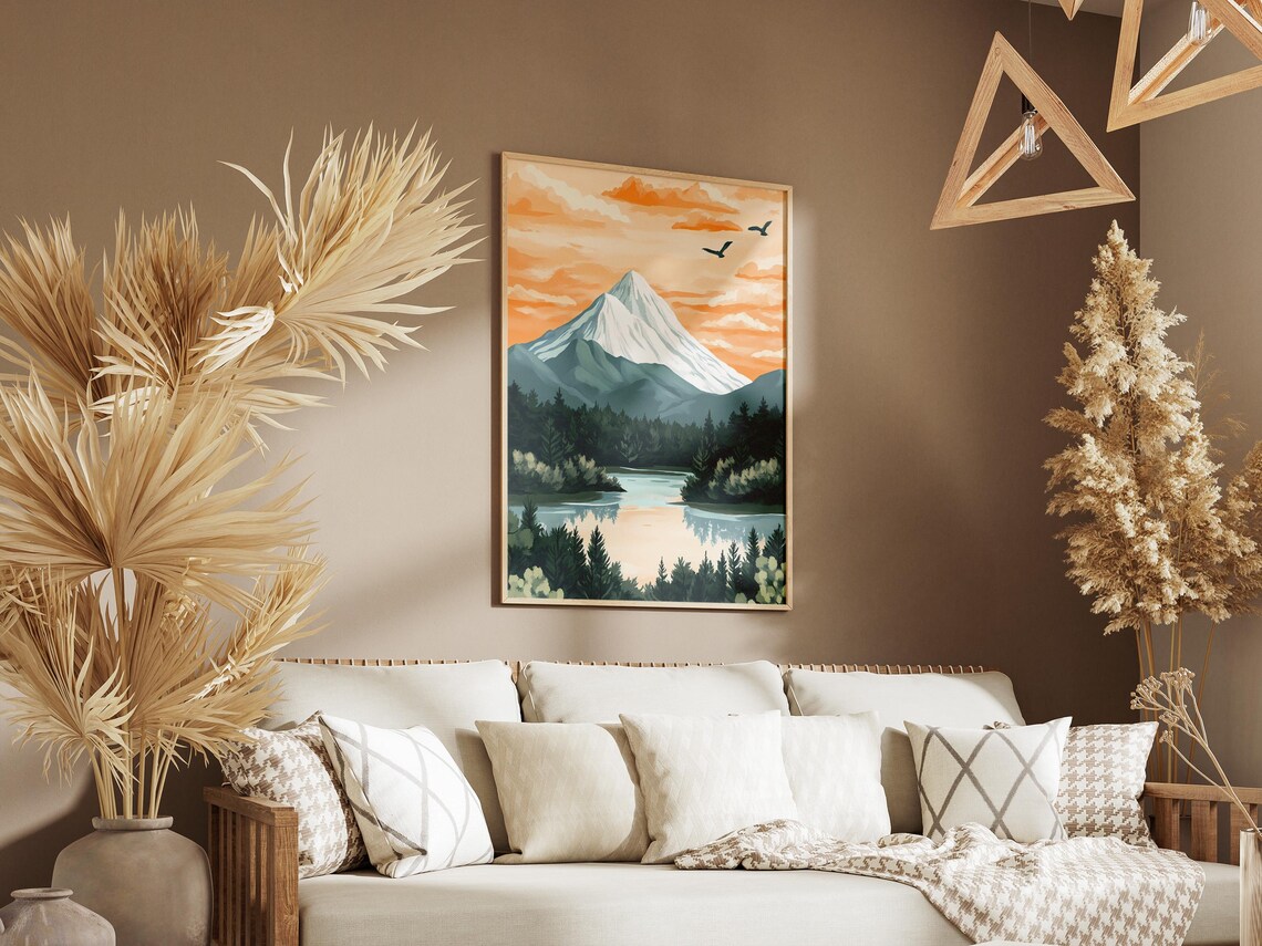 Snow Capped Mountain Lake Sunset Birds Nature Landscape Poster - Image 3