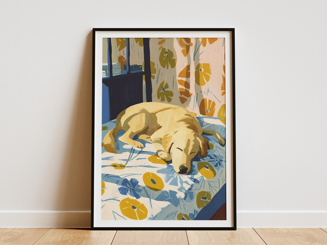 Yellow Labrador Sleeping on a Floral Bedspread by a Sunny Window Art Poster
