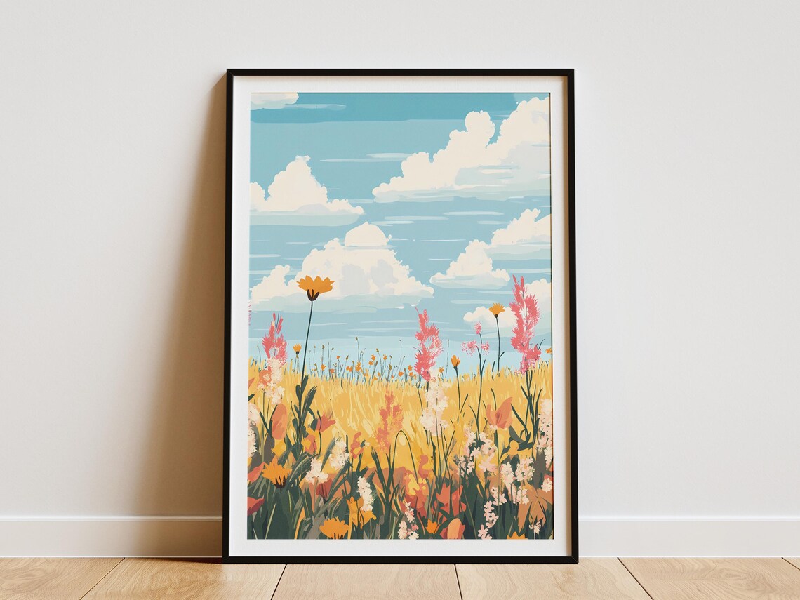Summer Wildflower Meadow Blue Sky Breezy Botanical Flower Poster