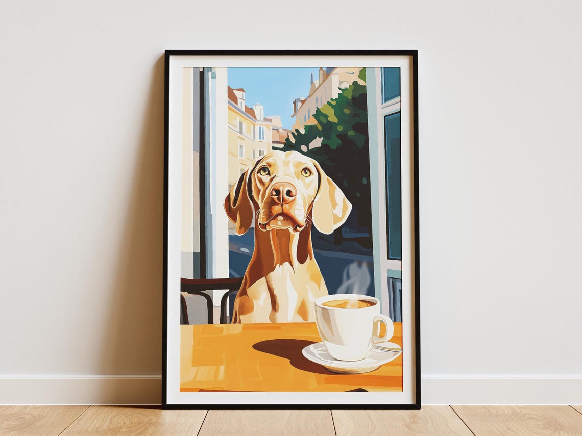 Weimaraner Dog Sitting at Cafe Table With Coffee Cup Art Poster