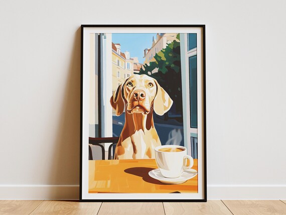 Weimaraner Dog Sitting at Cafe Table With Coffee Cup Art Poster