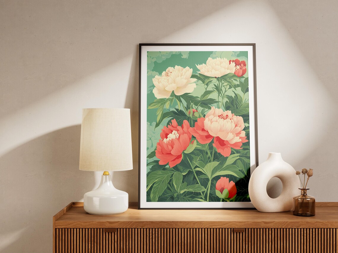 Coral Pink White Peonies Lush Green Botanical Floral Art Poster - Image 5