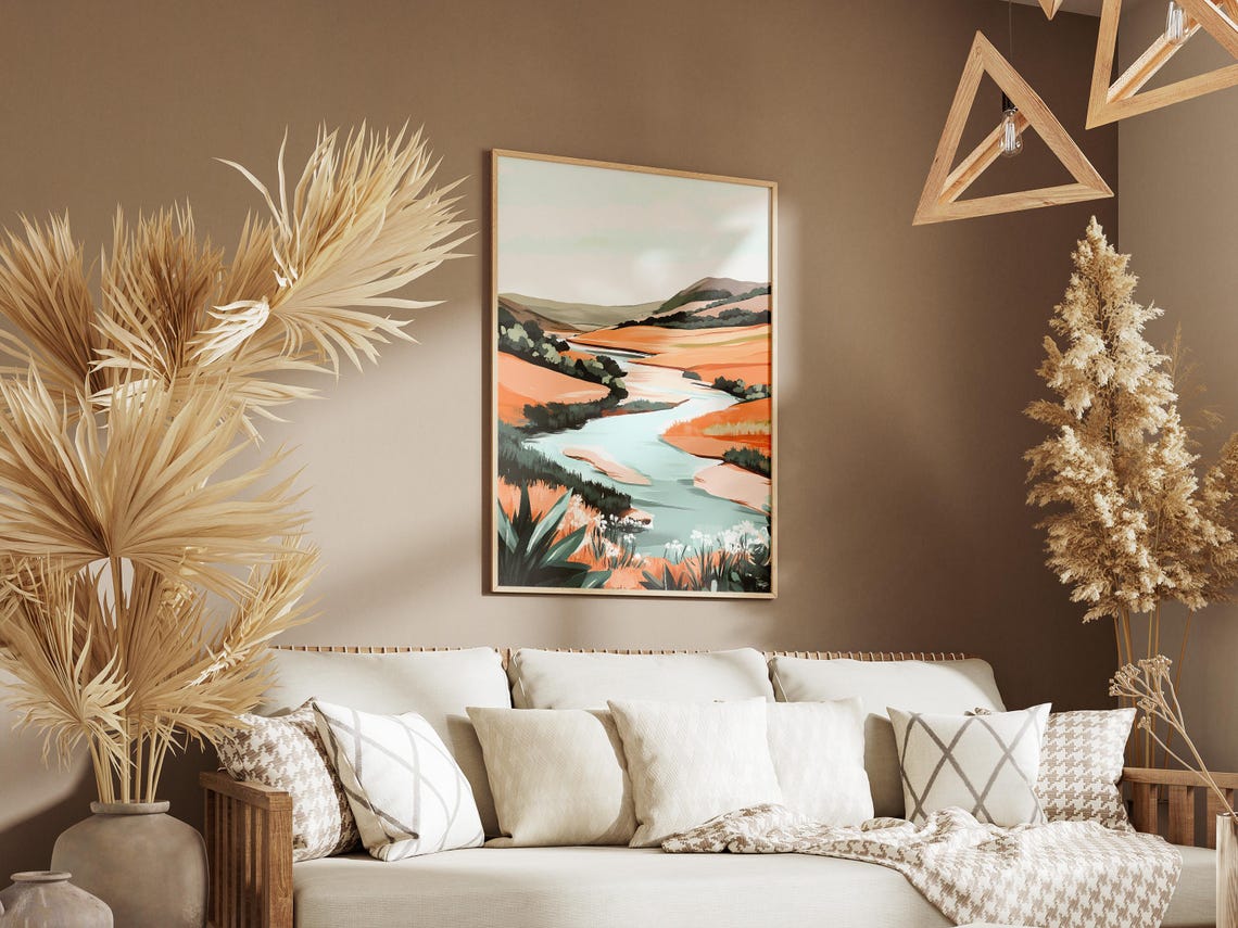 Winding River Through Orange Rolling Hills Abstract Art Poster - Image 3
