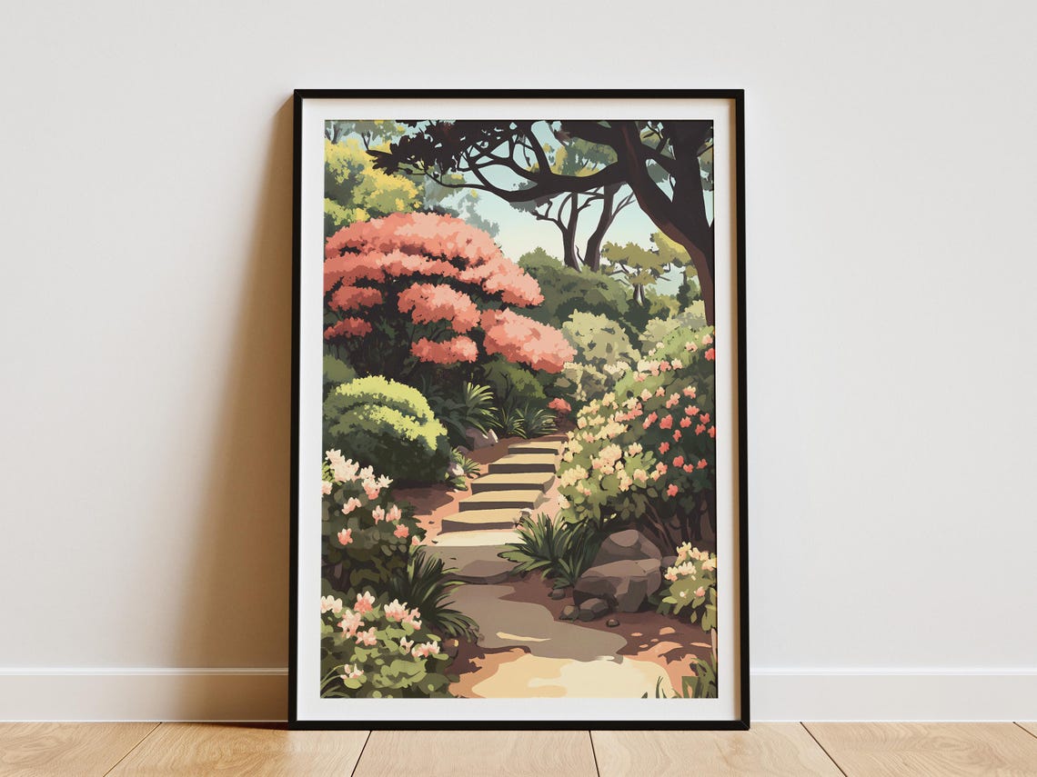 Pink Blossom Garden Path With Stone Steps Under Tall Trees Poster