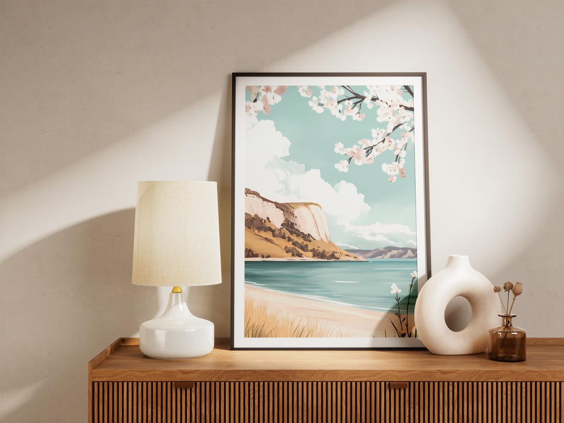 Coastal Cliff And Sandy Beach Framed By Cherry Blossoms Poster - Image 5