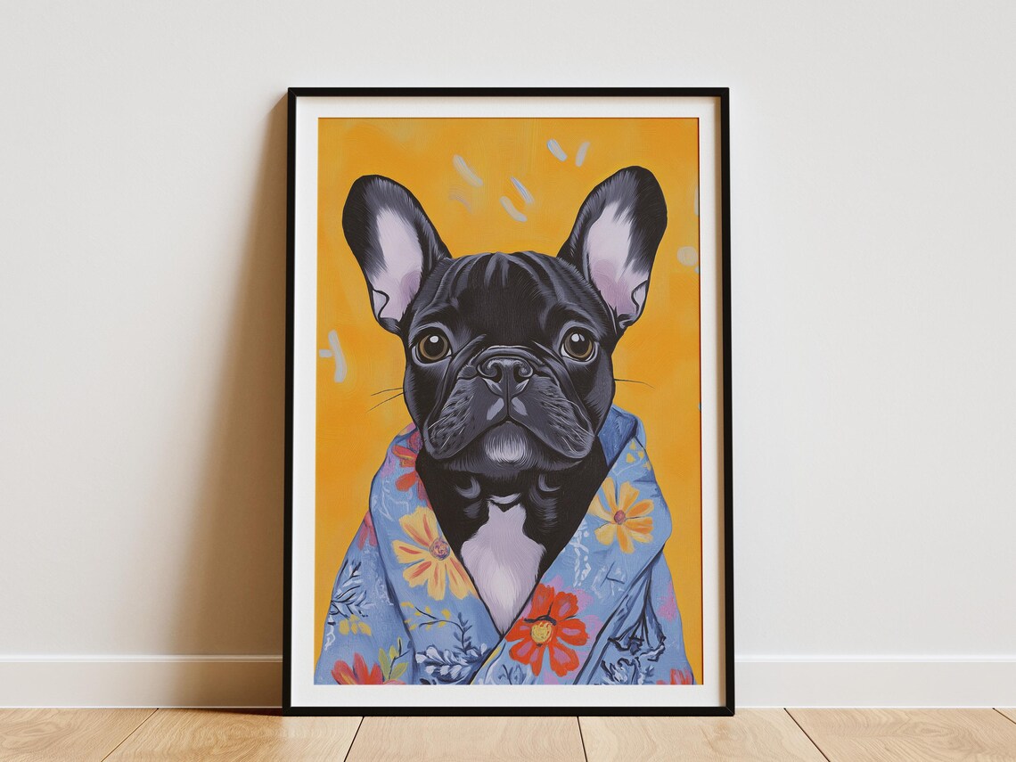 Black French Bulldog Puppy In Floral Robe Poster Cute Dog Portrait