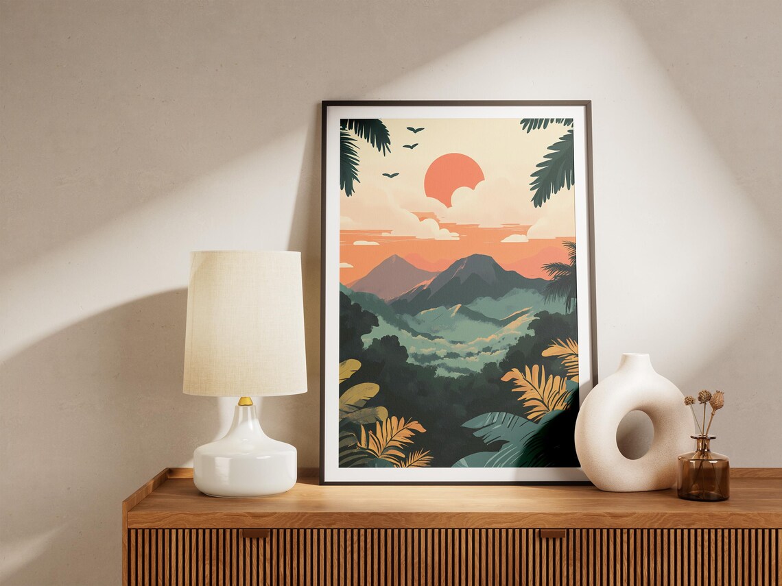 Indonesia Jungle Volcanoes Coral Sun Canopy Retro Travel Poster - Image 5