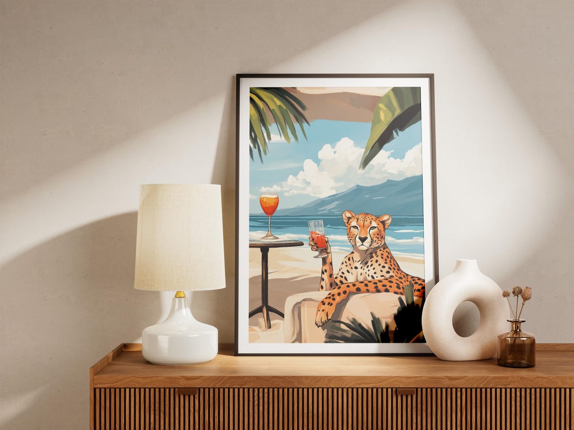 Elegant Cheetah Relaxing on a Beach Daybed With Wine Glass Poster - Image 5