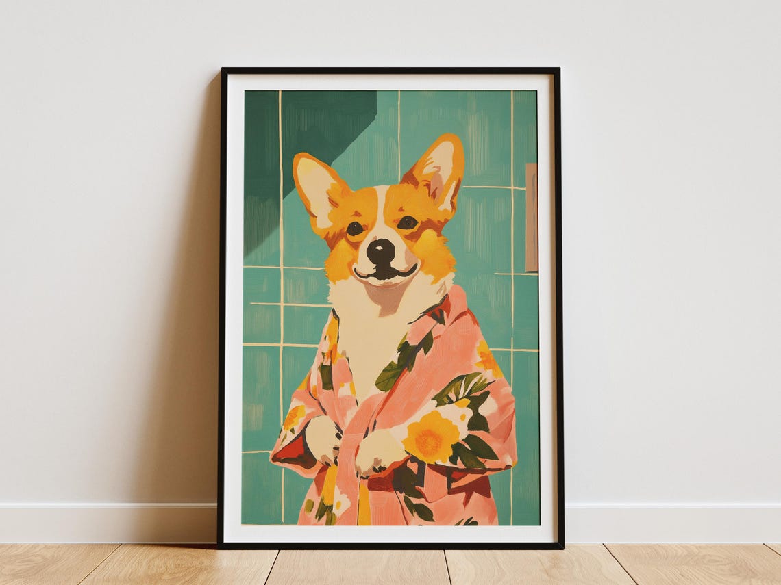 Corgi Dog in Floral Bathrobe Matisse Style Fun Bathroom Poster