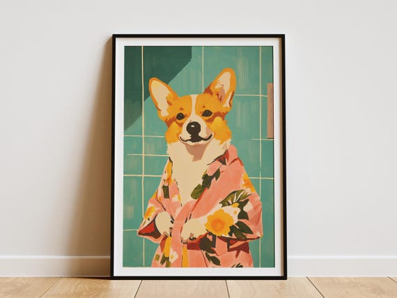 Corgi Dog Bathrobe Bathroom Poster Print Matisse Inspired Art Quirky Lover Gift Funny Animal Wall Decor