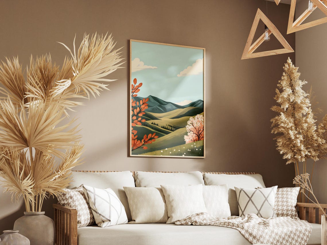Rolling Green Hills With Pink Blossom Tree Landscape Art Poster - Image 3