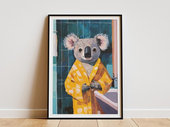 Cute Koala In A Yellow Bathrobe Against Dark Teal Tiles Poster