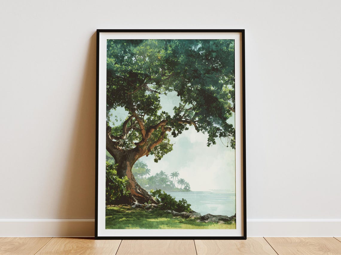 Biscayne Florida Keys Ocean Tree Tropical Coastal Watercolor Poster