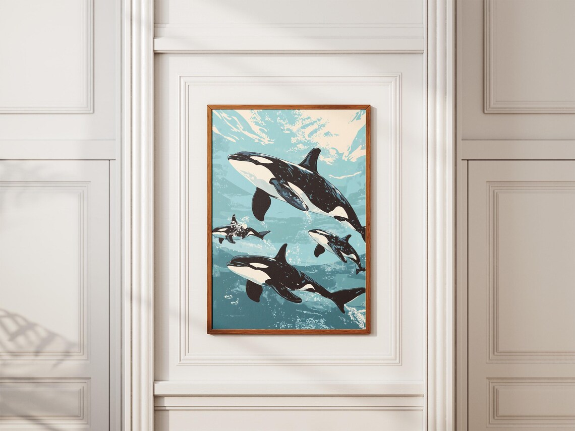 Pod of Four Orca Whales Swimming in Turquoise Ocean Water Poster - Image 2