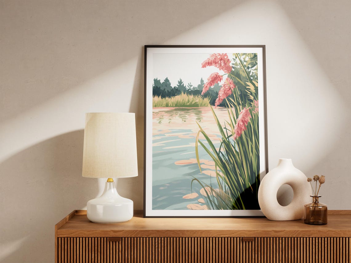 Pink Pampas Grass Swaying Beside a Tranquil Blue Lake Poster - Image 5